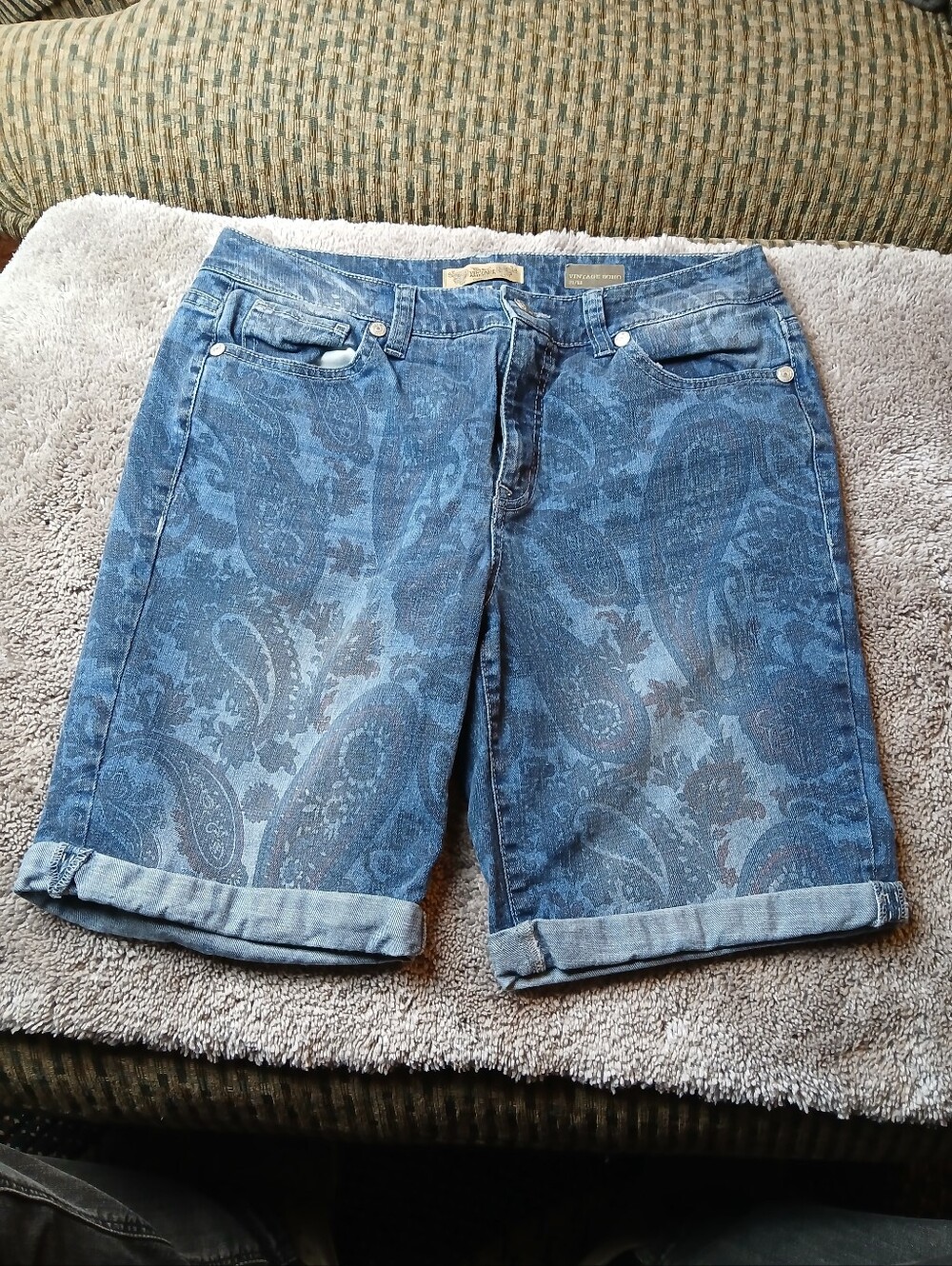 Nine West Vintage America Paisley Print Boho Bermuda Denim Shorts